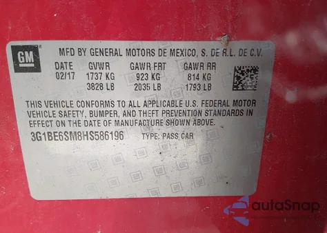 2017 Chevrolet Cruze Lt Auto z USA, uszkodzony, nr VIN 3G1BE6SM8HS586196